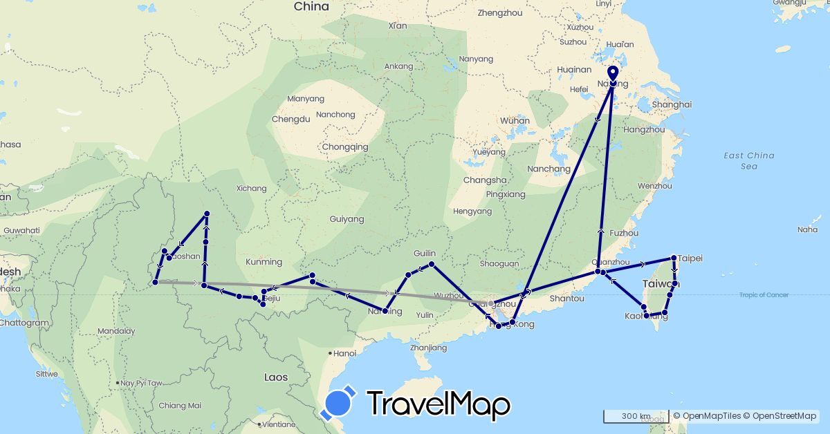 TravelMap itinerary: driving, plane in China, Taiwan (Asia)